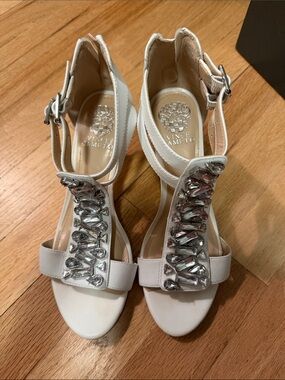 Vince Camuto White Jeweled T-Strap Heeled Sandals